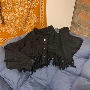 Distressed cropped denim jacket